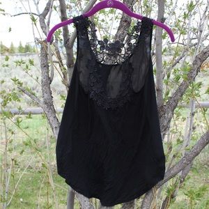 Thrifted black tank top with lace back pattern.